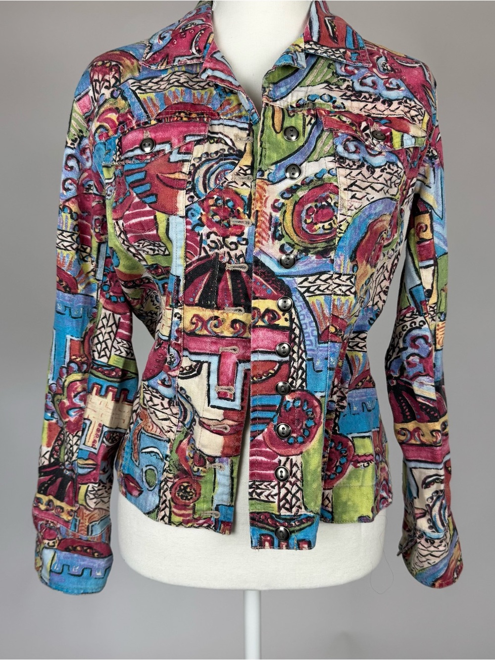 Chico's Multicolor Abstract Print Button-Front Jean Jacket